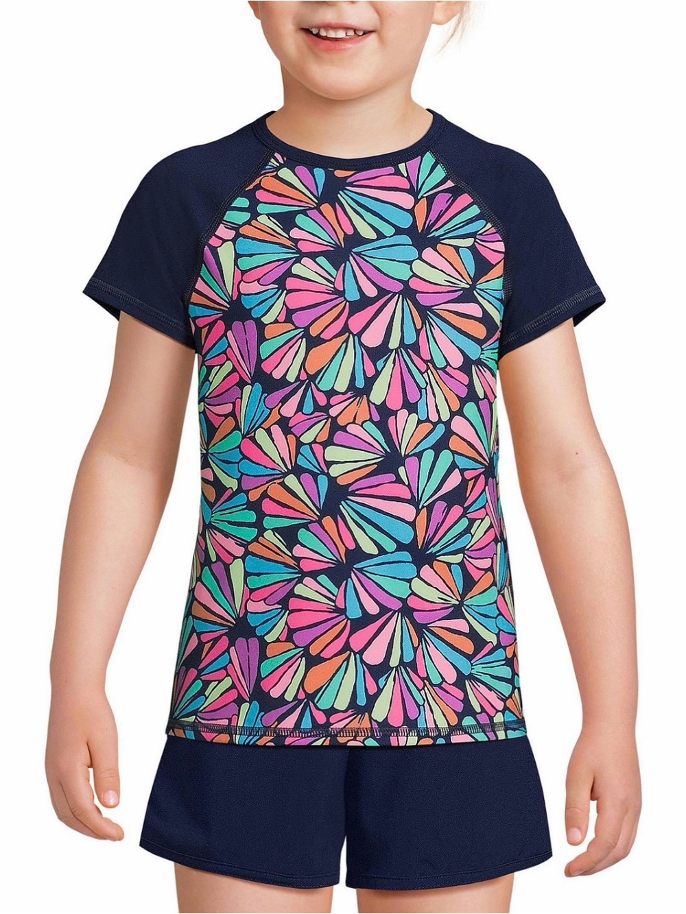 Lands' End Girls' Short Sleeve Rash Guard - Navy Shell Print - XS 4/5